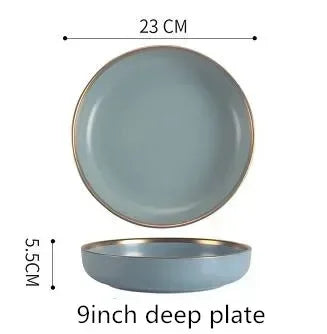 Matte Gilt Rim Ceramic Tableware Set with Spoon Cereals Bowl Dessert Plate Steak Plate for Dinner Gift Plates and Bowls Set