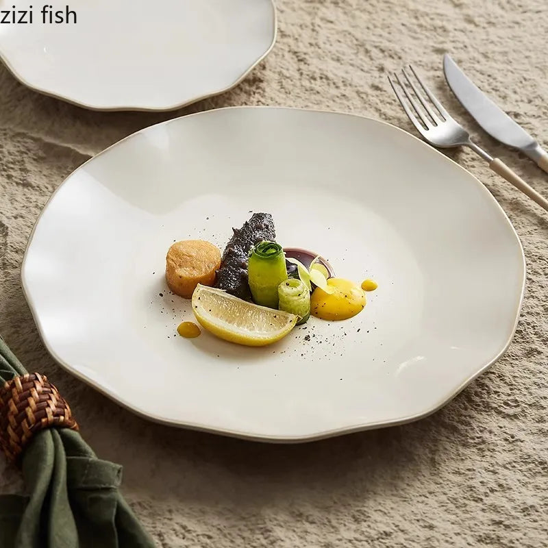 Beige Color Irregular Ceramic Plate Steak Plate Salad Plate Dessert Plates Sushi Plates Molecular Cuisine Creative Tableware