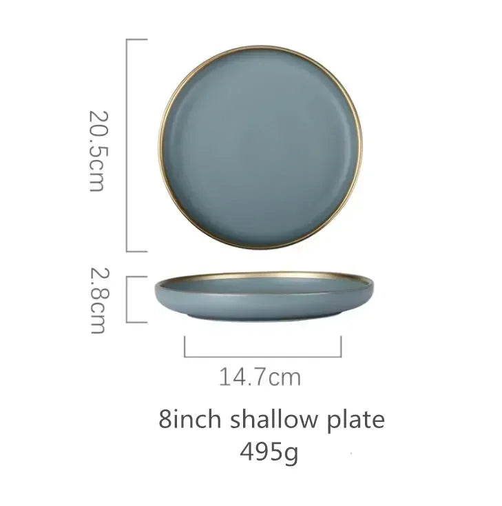 Matte Gilt Rim Ceramic Tableware Set with Spoon Cereals Bowl Dessert Plate Steak Plate for Dinner Gift Plates and Bowls Set