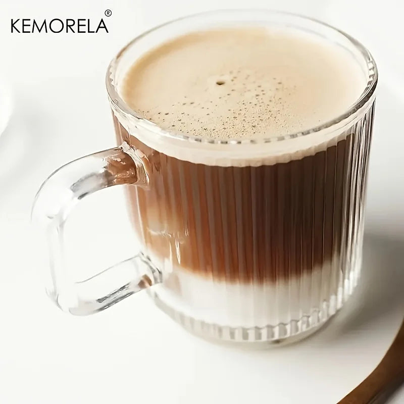 KEMORELA 1/2PCS Vertical Grain Glass Coffee Cup 350ML Water Cup With Handle Suitable Iced Coffee Juice Cup Valentine's Day Gifts