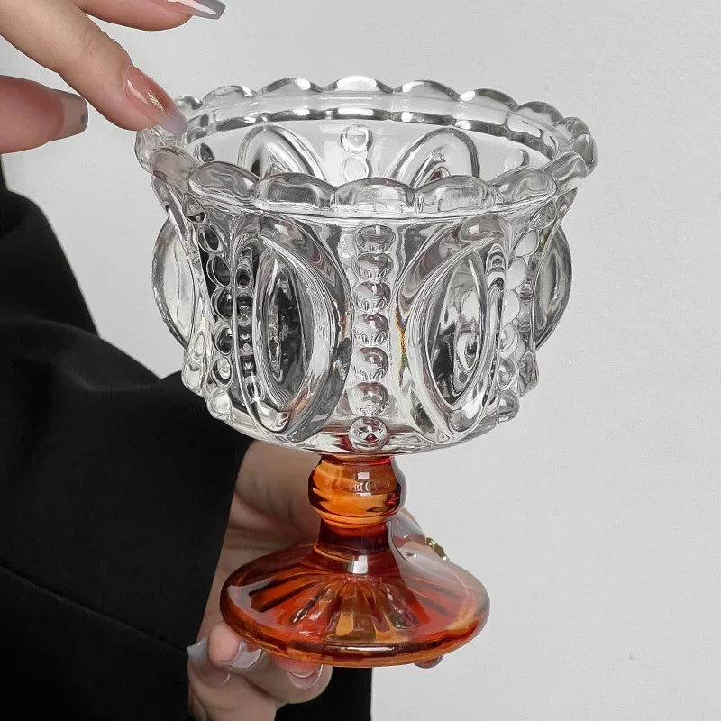 KEMORELA 1/2PCS Retro Embossed Tall Glass Cup Whiskey Mugs Black Crystal Home Creative Coffee Ice Cream Yogurt Dessert Goblet