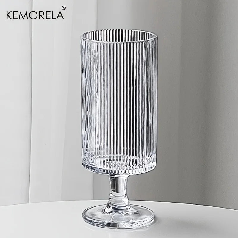 KEMORELA 1pc Elegant High-Foot Glass Cup Vertical Striped Design - Ideal for Iced Coffee Latte Juice & Wine - Reusable Glass