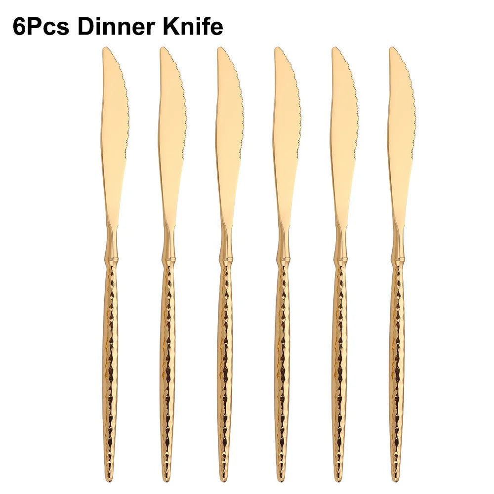 6/16/20/24Pcs Gold Cutlery Set Stainless Steel 304 Tableware Mirror Knife Fork Spoon Western Hammer Pattern Handle Dinner Set