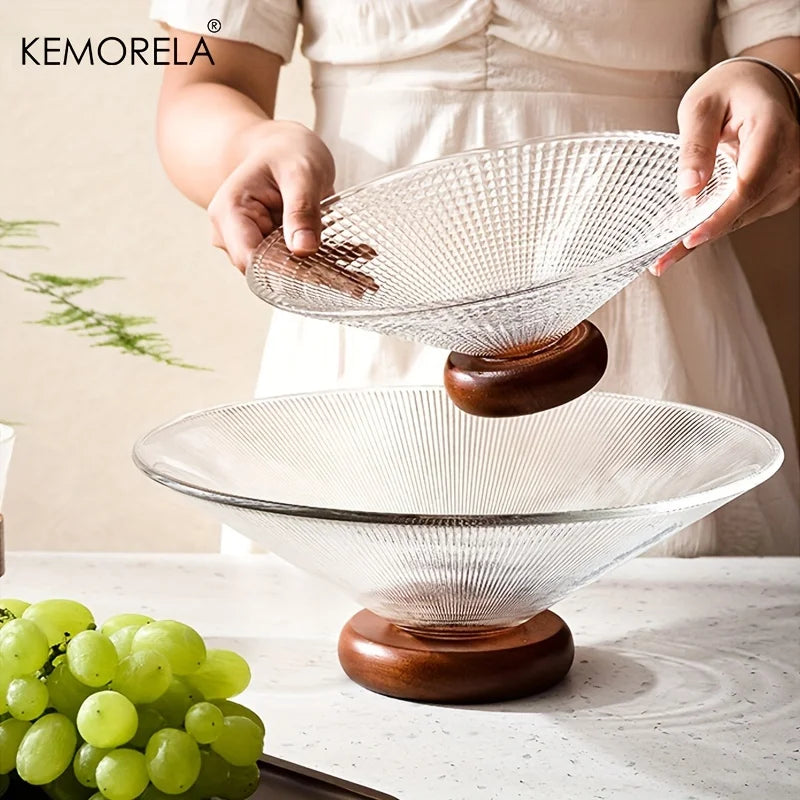 1PCS Creativity Glass Small Fruit Plate With Wooden Base Fruit Plate Home Decorative Plate Living Room Coffee Table Candy Plate
