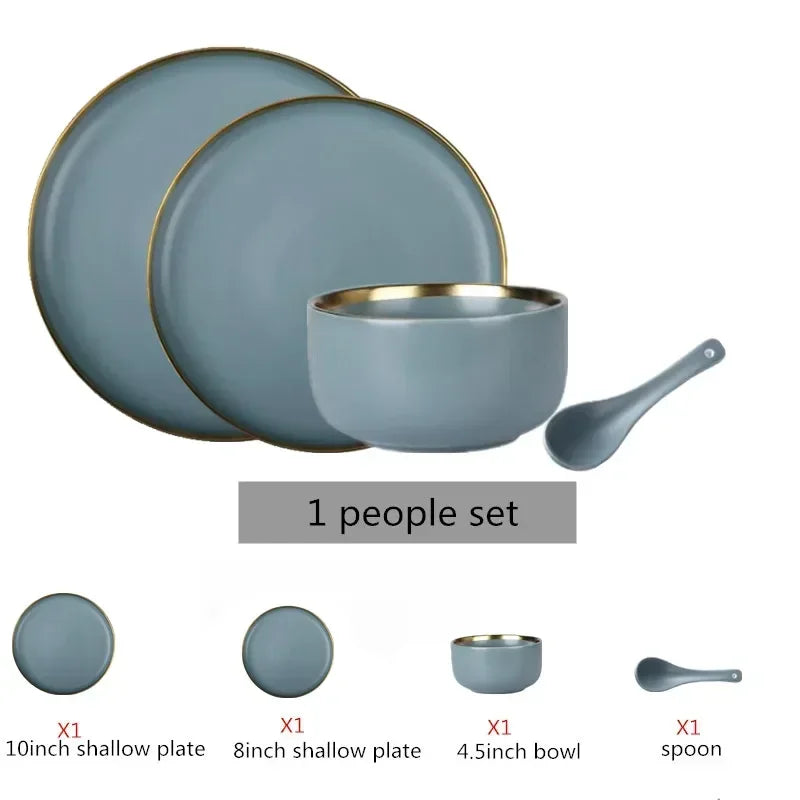 Matte Gilt Rim Ceramic Tableware Set with Spoon Cereals Bowl Dessert Plate Steak Plate for Dinner Gift Plates and Bowls Set