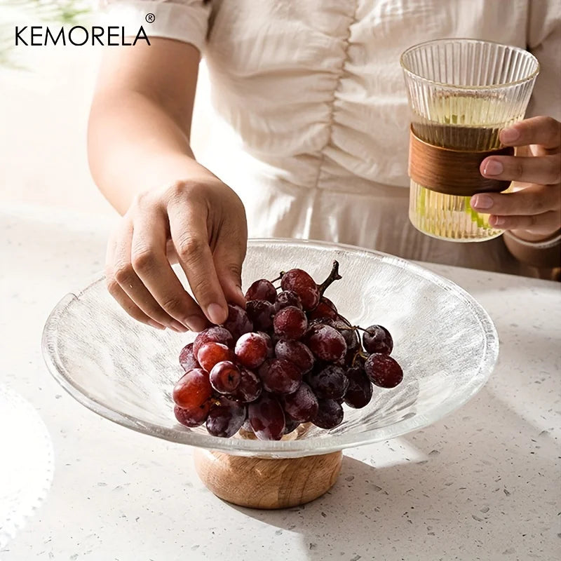 1PCS Creativity Glass Small Fruit Plate With Wooden Base Fruit Plate Home Decorative Plate Living Room Coffee Table Candy Plate