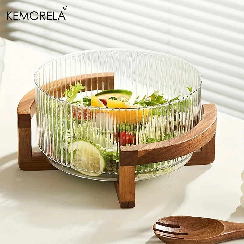 KEMORELA Striped Glass Bowl with Wooden Stand Scratch-Resistant round Salad Fruit Dessert Display for Living Room