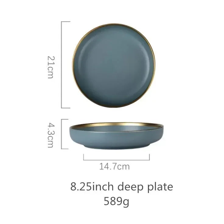 Matte Gilt Rim Ceramic Tableware Set with Spoon Cereals Bowl Dessert Plate Steak Plate for Dinner Gift Plates and Bowls Set