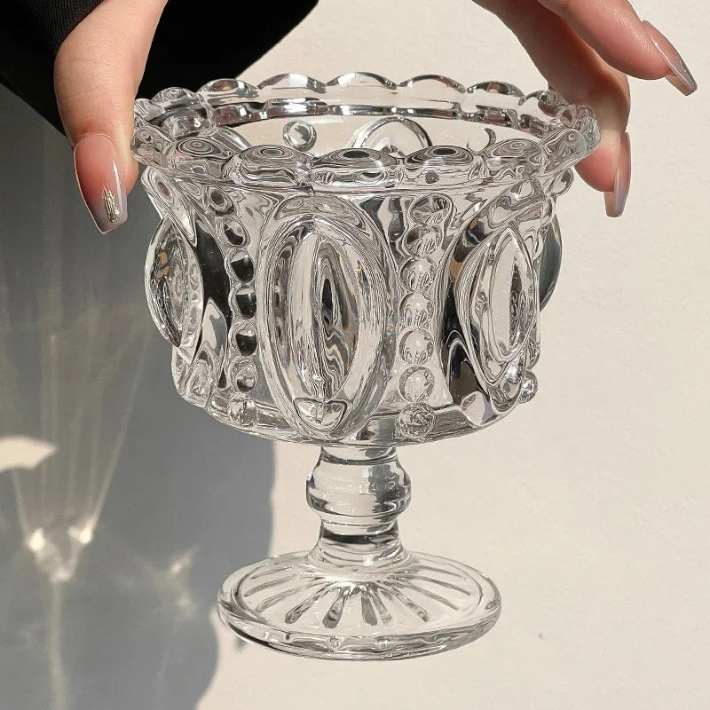 KEMORELA 1/2PCS Retro Embossed Tall Glass Cup Whiskey Mugs Black Crystal Home Creative Coffee Ice Cream Yogurt Dessert Goblet