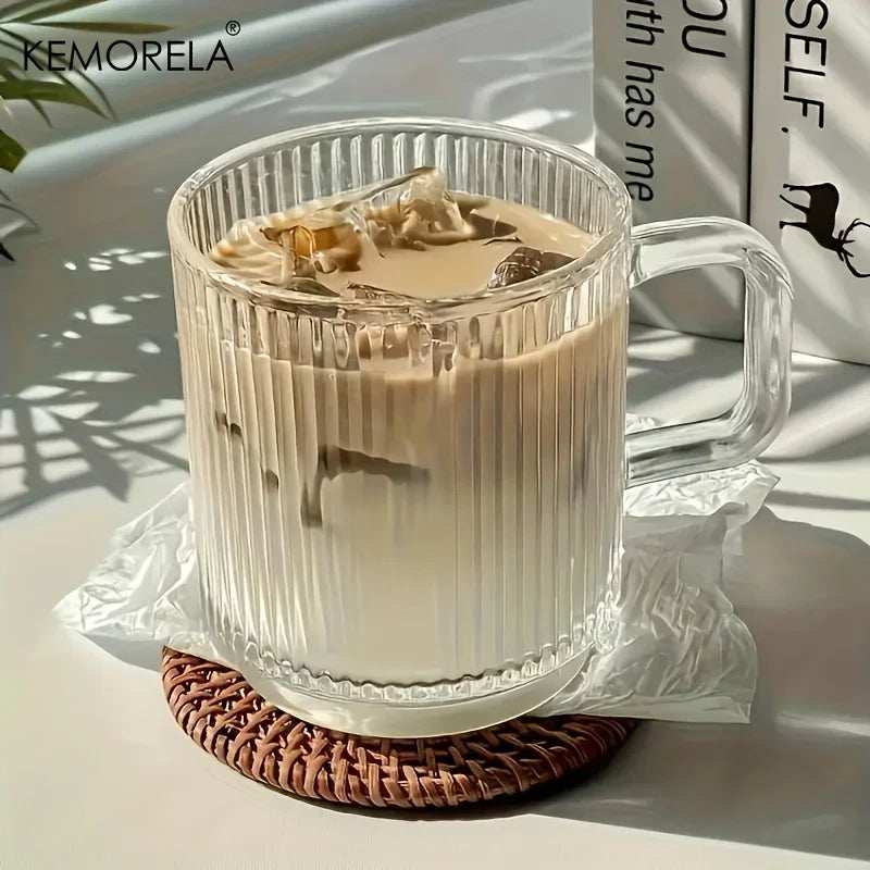 KEMORELA 1/2PCS Vertical Grain Glass Coffee Cup 350ML Water Cup With Handle Suitable Iced Coffee Juice Cup Valentine's Day Gifts