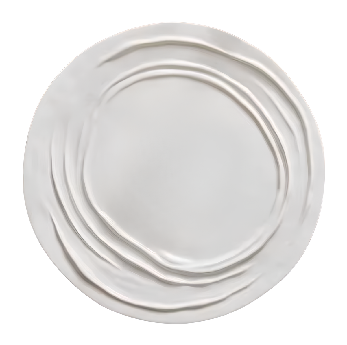 Ripple-edge porcelain dinner plates in 26cm and 31cm sizes, styled with elegant food plating on a brown linen tablecloth.